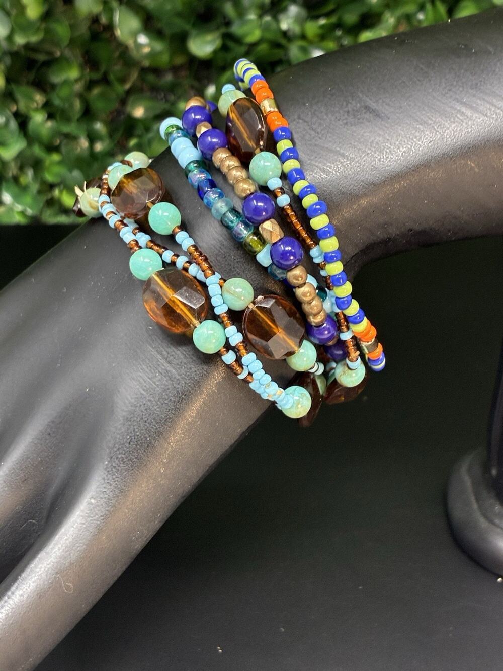 Turquoise And Glass Beaded Stackable Stretch Bracelet 6 Pc Set Boho Southwest